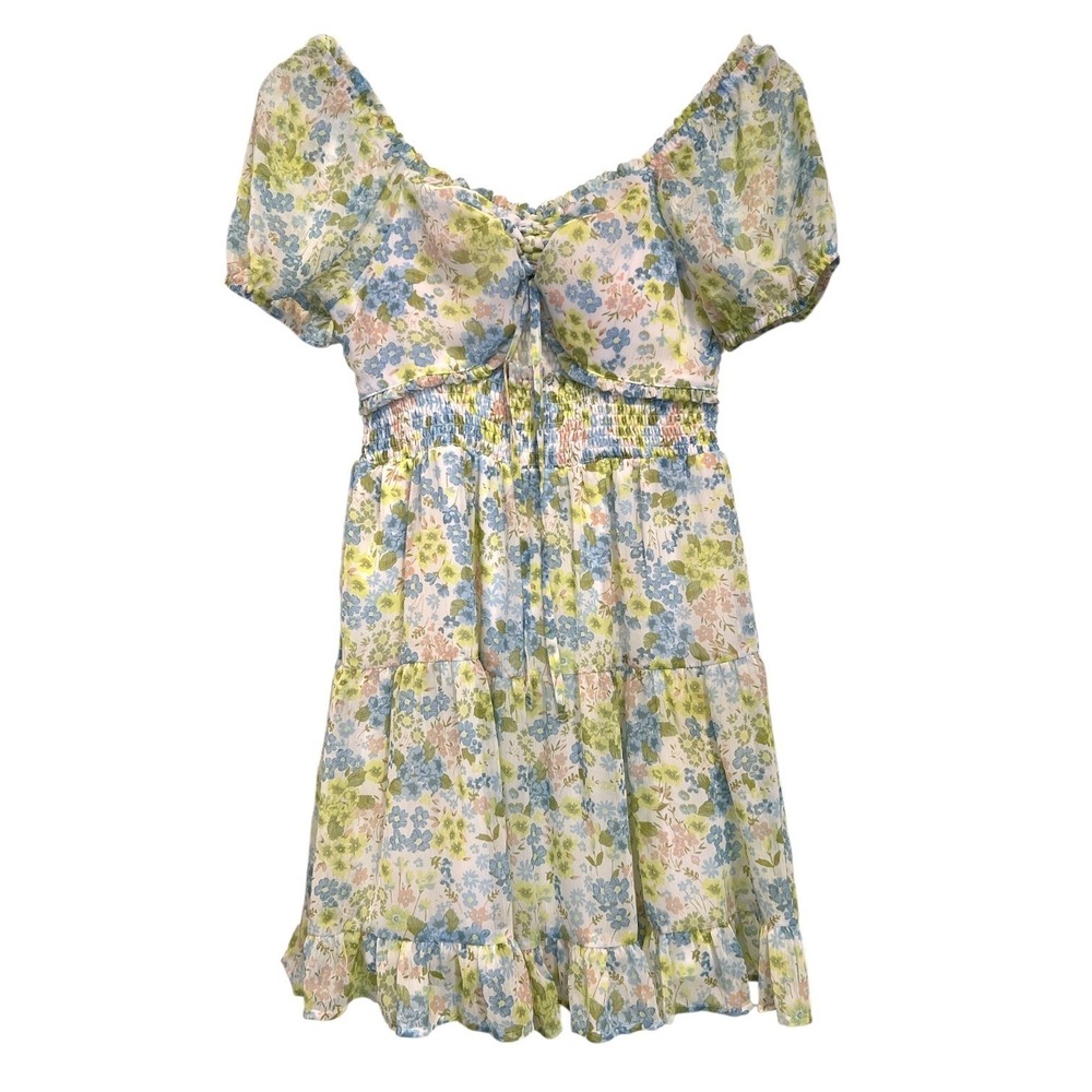 Madden NYC | Floral‎ Boho Milkmaid Mini Dress Puff Sleeves Sz L Cottage Coquette